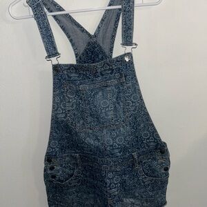 Denim Overall Shorts with Paisley Print